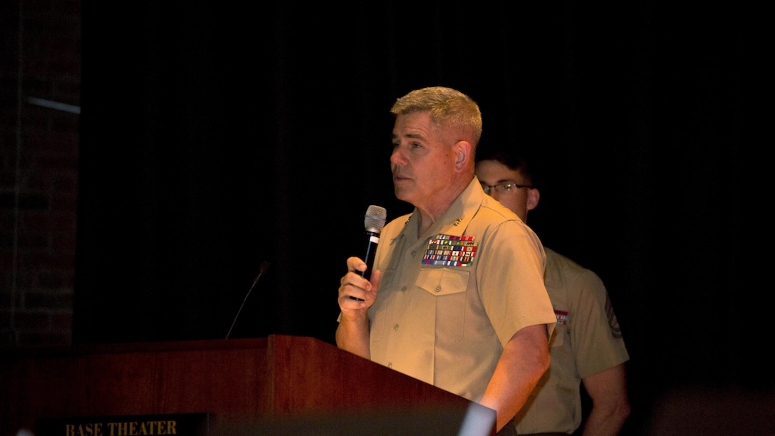 Major Gen. Joseph L. Osterman, commander of U.S. Marine Corps Forces, Special Operations Command, addresses the audience attending a celebration of life ceremony commemorating 11 fallen service members May 15, 2015, aboard Marine Corps Base Camp Lejeune, North Carolina. Seven MARSOC Marines and four Louisiana Army National Guardsmen were killed when a UH-60 Black Hawk Helicopter crashed during amphibious operations involving helicopter and boat insertion and extraction training, near Eglin, Florida, March 10. (U.S. Marine Corps photo by Cpl. Steven Fox/Released)