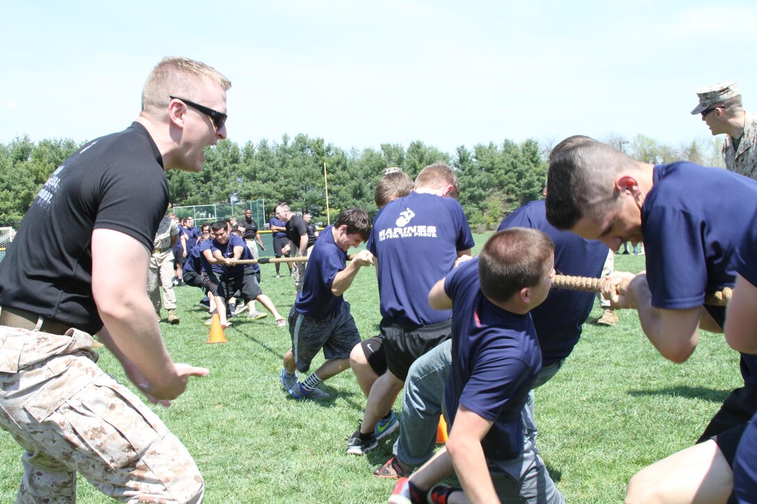 Future Marines compete in tug-of-war during Recruiting Station Frederick’s 2015 Annual Pool Function April 18, 2015 at Frederick Community College in Frederick, Maryland. The participants came from areas of Maryland, Virginia, and West Virginia, to compete in other physical activities including pull-ups, crunches, and ammunition-can lifts. (U.S. Marine Corps photo by Sgt. Anthony J. Kirby/Released)