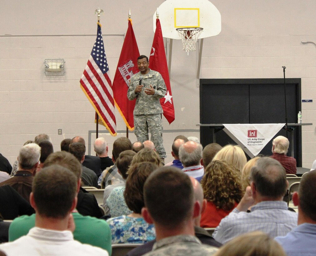 Chief of Engineers Lt. Gen. Thomas Bostick visited the Rock Island District May 19 to conduct a Town Hall and host a Leadership Development Program luncheon to discuss current initiatives within the Corps, and future directions such as public-private partnerships that will help the Corps address critical issues like aging infrastructure.  
