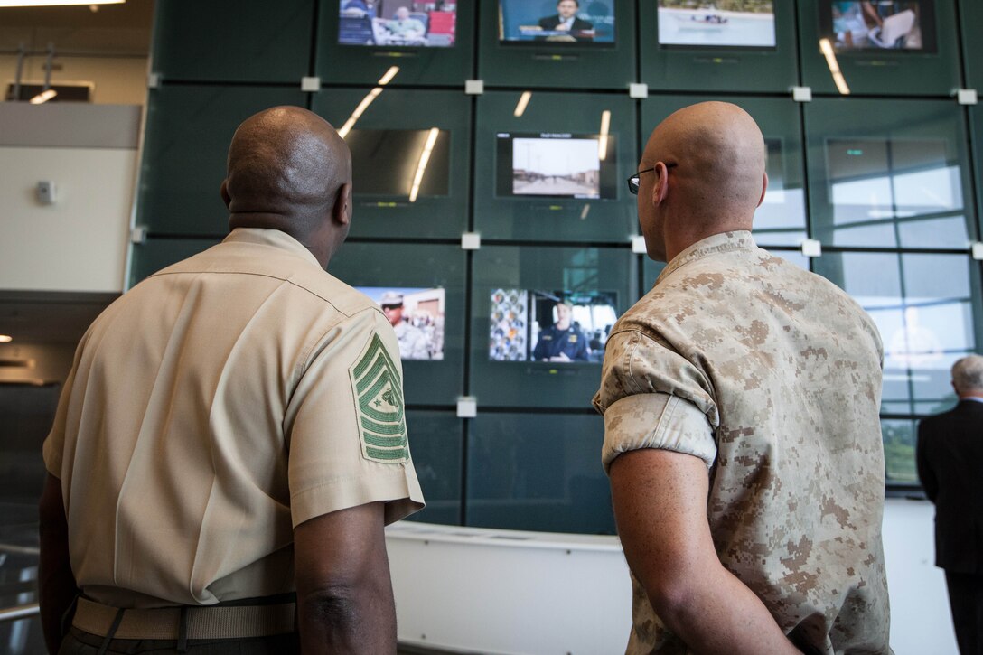 Sgt. Maj. Ronald L. Green, the 18th Sergeant Major of the Marine Corps, tours Defense Media Activity at Ft. George G. Meade, MD., May 19, 2015. (U.S. Marine Corps photo by Sgt. Melissa Marnell)