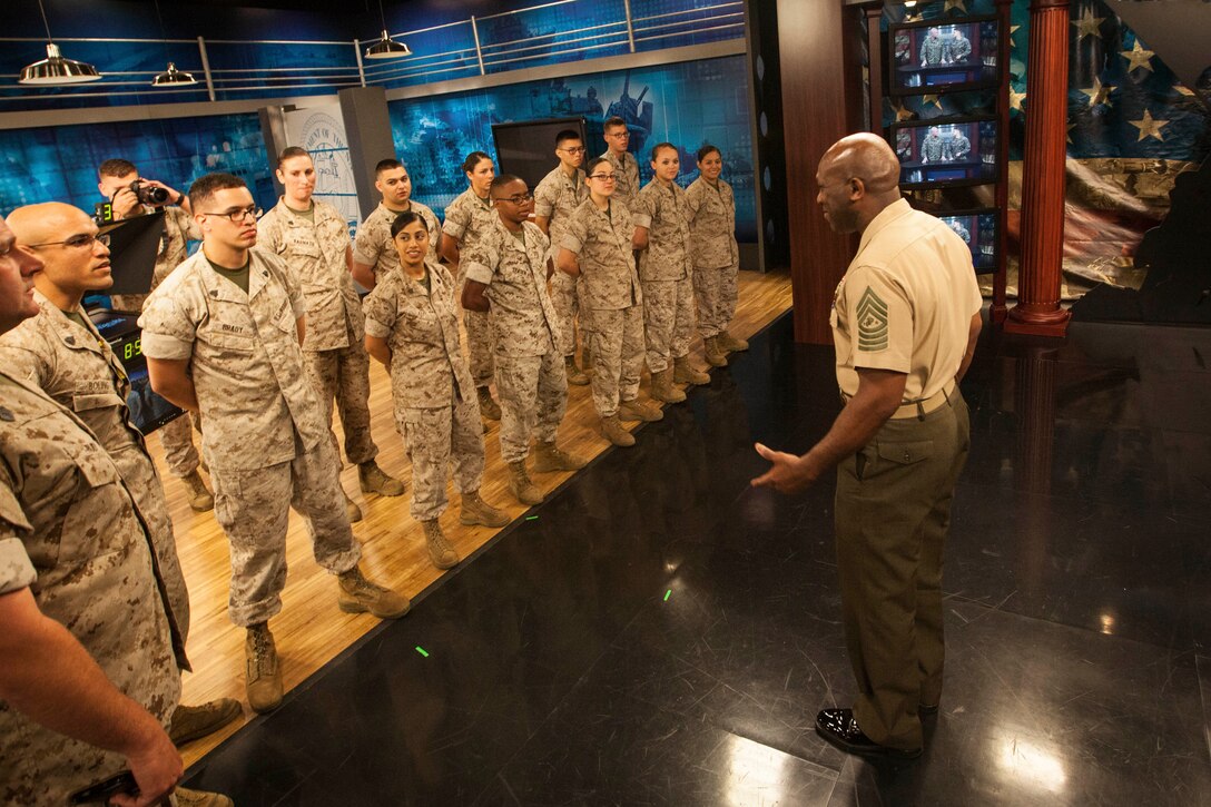 Sgt. Maj. Ronald L. Green, the 18th Sergeant Major of the Marine Corps, tours Defense Media Activity at Ft. George G. Meade, MD., May 19, 2015. (U.S. Marine Corps photo by Sgt. Melissa Marnell)