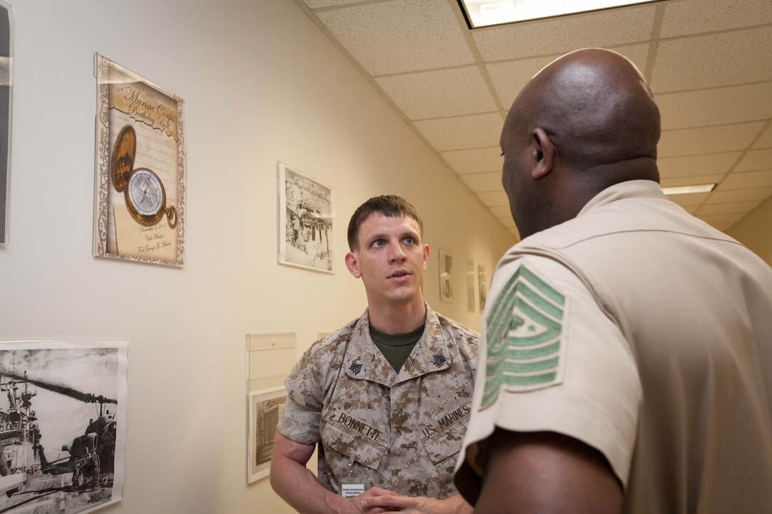 Sgt. Maj. Ronald L. Green, the 18th Sergeant Major of the Marine Corps, tours the Defense Information School at Ft. George G. Meade, MD., May 19, 2015. (U.S. Marine Corps photo by Sgt. Melissa Marnell)
