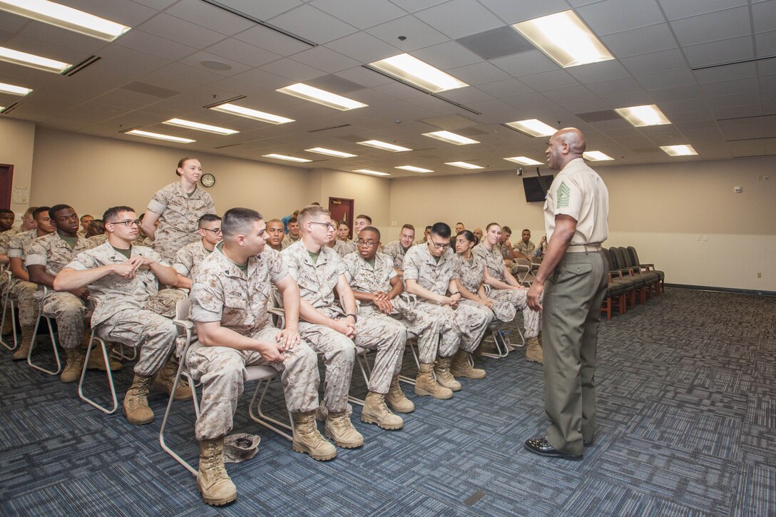 Sgt. Maj. Ronald L. Green, the 18th Sergeant Major of the Marine Corps, tours the Defense Information School at Ft. George G. Meade, MD., May 19, 2015. (U.S. Marine Corps photo by Sgt. Melissa Marnell)
