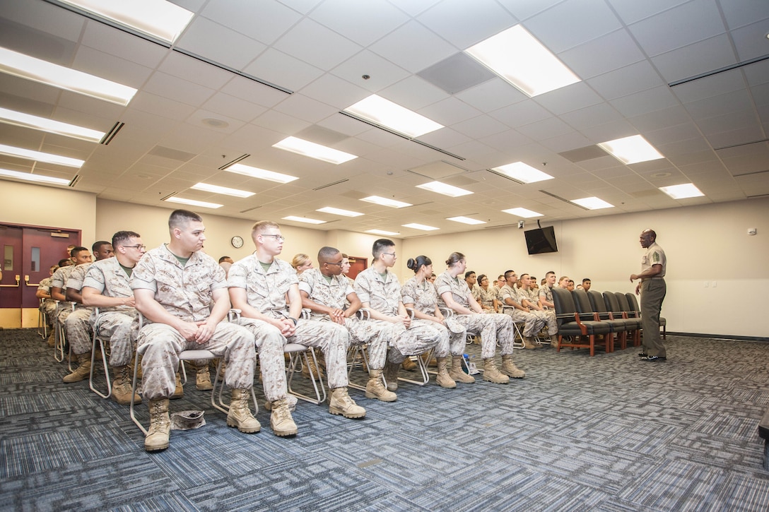 Sgt. Maj. Ronald L. Green, the 18th Sergeant Major of the Marine Corps, tours the Defense Information School at Ft. George G. Meade, MD., May 19, 2015. (U.S. Marine Corps photo by Sgt. Melissa Marnell)