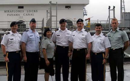 Senior leaders from the Missouri National Guard visited Panama in early December to help promote the State Partnership Program. From left: Capt. Mike Roberts, the adjutant general’s aide-de-camp; Brig. Gen. John Owen, director of the joint staff; Lt. Col. Rebecca Segovia-Johnson, the Missouri Guard’s director of the State Partnership Program; Command Sgt. Maj. James Schulte, the state command sergeant major; Maj. Gen. Stephen L. Danner, adjutant general for the Missouri Guard; Capt. Juan Valencia, a Missouri Guardsman who was the group’s interpreter, and 1st Lt. Jonathan Holem, a Missouri Guardsman that stationed in Panama as a traditional commander activities coordinator.