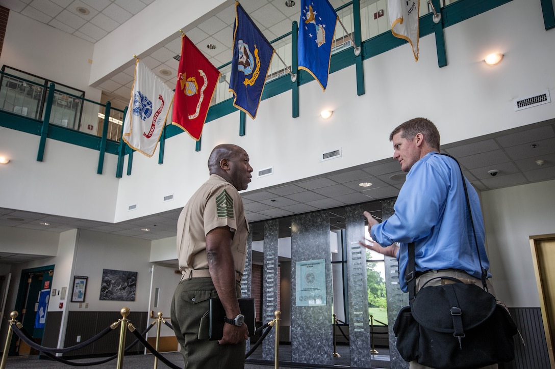 Sgt. Maj. Ronald L. Green, the 18th Sergeant Major of the Marine Corps, visits the Hall of Heroes at the Defense Information School at Ft. George G. Meade, MD., May 19, 2015. The Hall of Heroes honors all members of the visual information communitiy that have lost their lives in the line of duty. (U.S. Marine Corps photo by Sgt. Melissa Marnell)