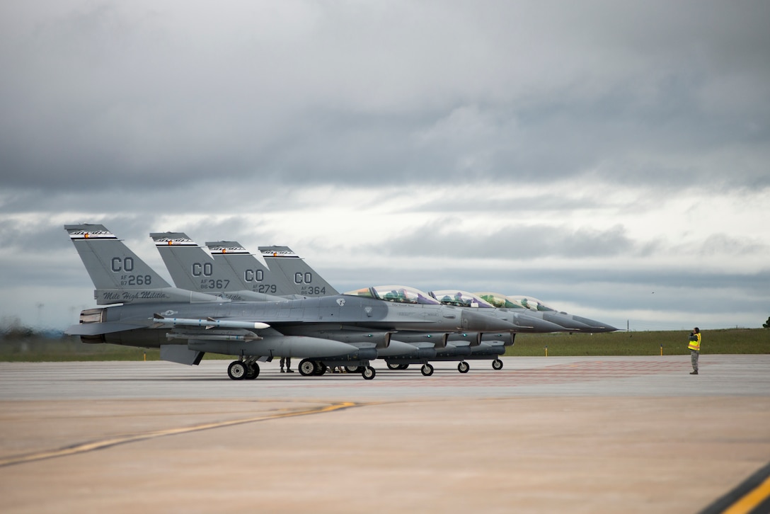 U.S. Air Force F-16 Fighting Falcons from the 120th Fighter Squadron, Colorado Air National Guard, return home to Buckley Air Force Base, Colo., after a deployment to the Republic of Korea, May 19, 2015. Integrating with other U.S. Air Force members, flying daily training mission and providing a Theater Security Package for the past 90 days, this return home marks the completion of the seventh deployment for the "Redeyes" of the 120th FS along with the 140th Wing since Sept. 11, 2001. (U.S. Air National Guard photo by: Tech. Sgt. Wolfram M. Stumpf/RELEASED)
