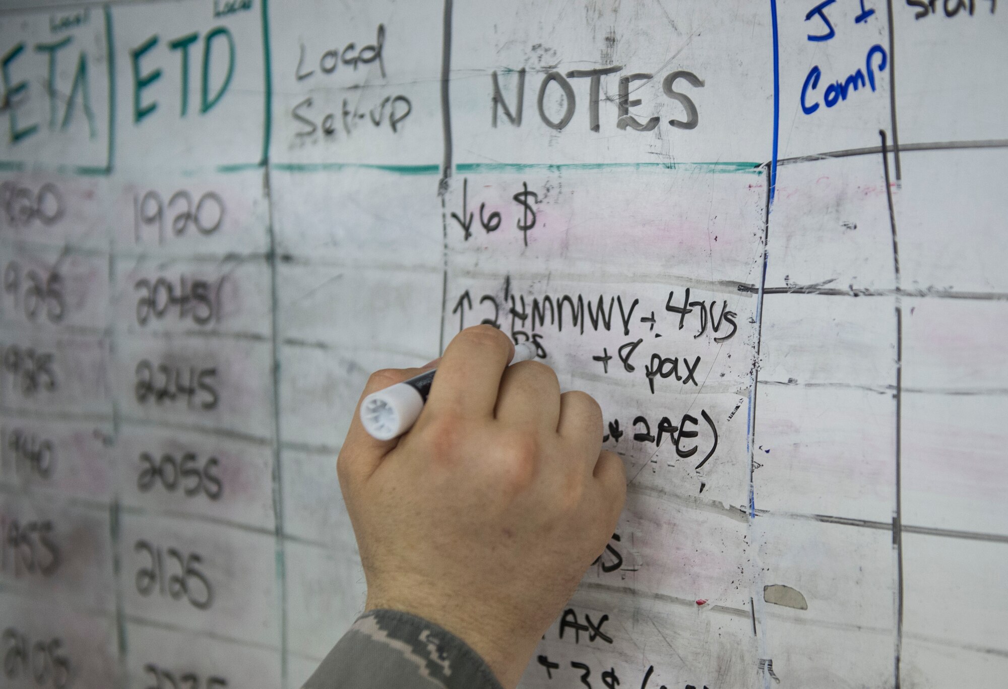 Tech. Sgt. Heath Miller, 817th Contingency Response Group aerial porter assigned to Joint Base McGuire-Dix-Lakehurst, N.J., updates the aircraft schedule board during the Joint Readiness Training Center exercise 15-07, May 16, 2015, at the Alexandria International Airport, La. (U.S. Air Force photo/Staff Sgt. Gustavo Gonzalez/RELEASED)