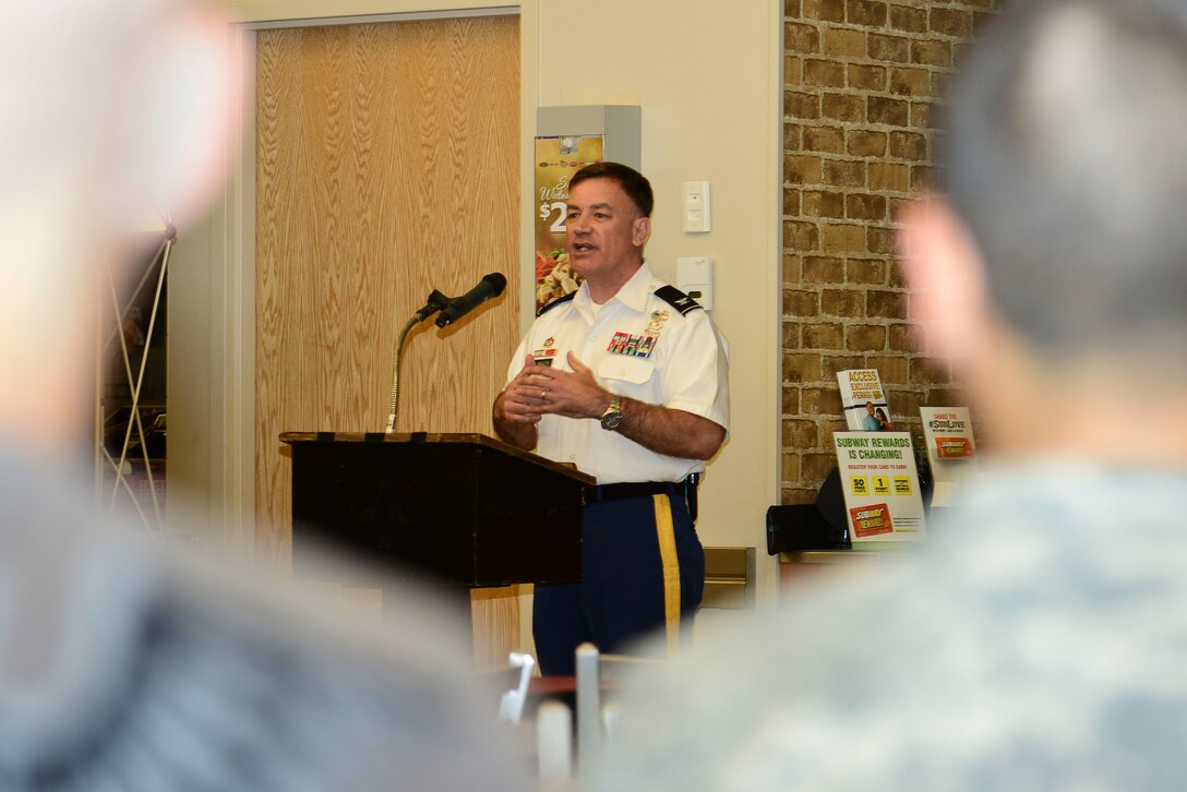 U.S. Army Col. William Galbraith, 733rd Mission Support Group commander speaks during the Joint Base Langley-Eustis Retiree Appreciation Day at Fort Eustis, Va., May 16, 2015. Galbraith spoke on how humbled he was for the service of the retirees in attendance. (U.S. Air Force photo by Senior Airman Kimberly Nagle/Released)  