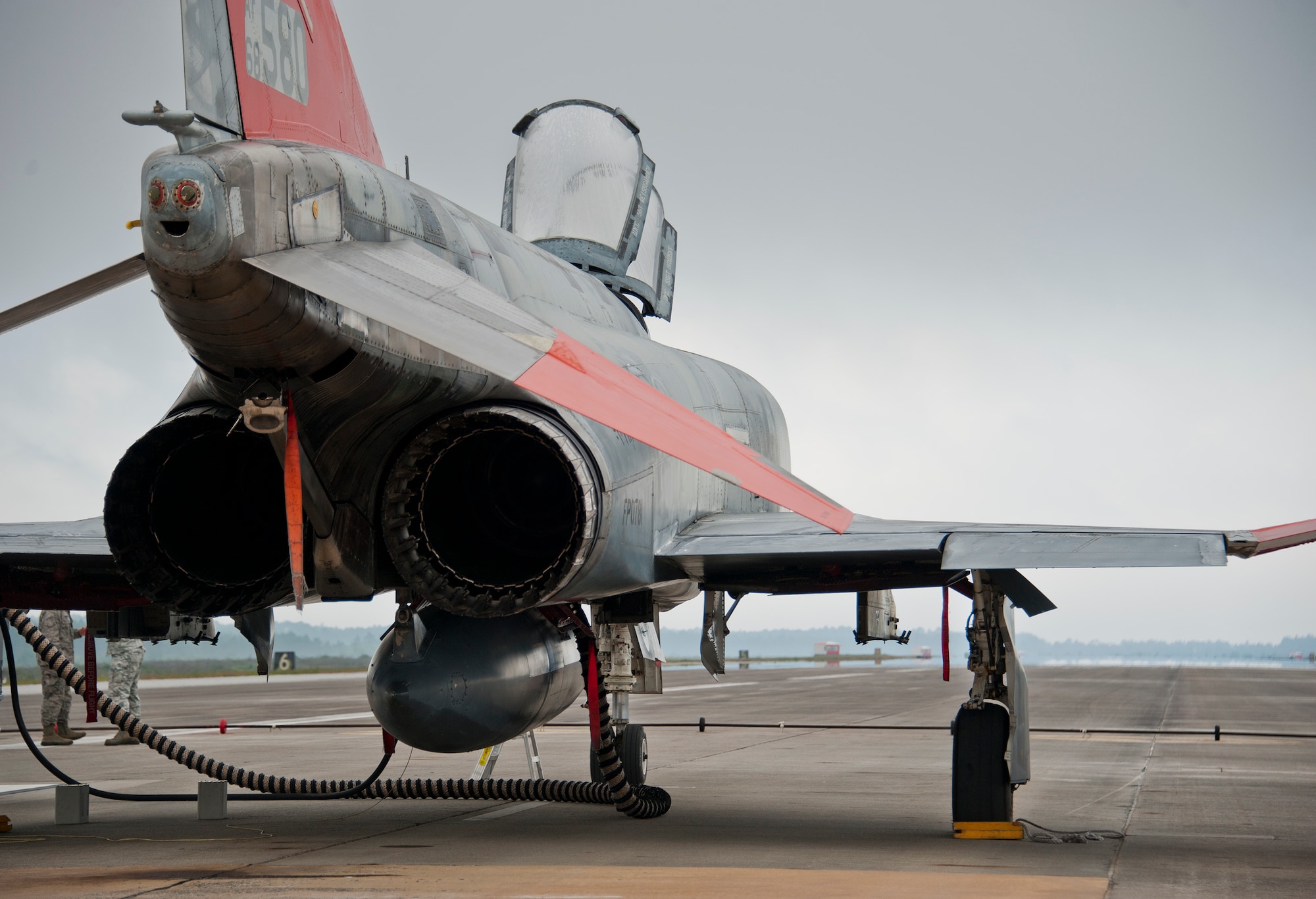 One of the 82nd Aerial Target Squadron’s QF-4s sits on the drone runway prior to takeoff May 12 at Tyndall Air Force Base, Fla. This unmanned QF-4 was used as a full-scale target and shot down by a pilot from the 177th Fighter Wing, a New Jersey Air National Guard unit, who were participating in Combat Archer. Combat Archer is the air-to-air component of the 53rd Wing’s weapons system evaluation program.  The 82nd Aerial Targets Squadron operates QF-4, QF-16 and BQM-167 targets to provide manned and unmanned aerial targets support for programs across the Department of Defense. The QF-4 mission for the 82nd ATRS at Tyndall came to an end in May, with the squadron transitioning to QF-16s for all future full-scale target operations. (U.S. Air Force photo/Sara Vidoni)