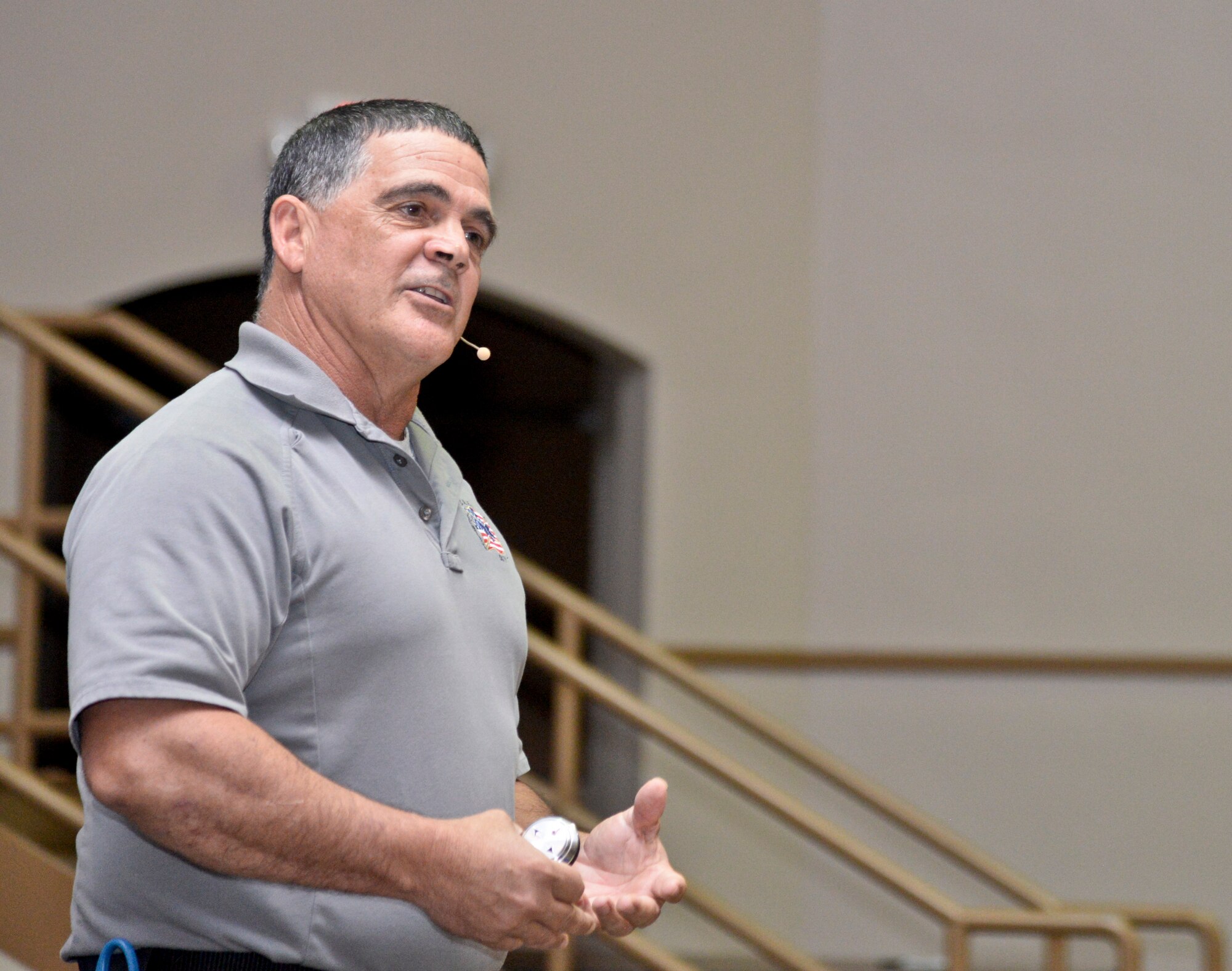 Ronny Garcia, Florida Stay Alive From Education Inc. training coordinator, speaks during a “Street Smart” presentation at MacDill Air Force Base, Fla., May 19, 2015. “Street Smart” is a non-profit organization dedicated to making young adults aware of the dangers of driving under the influence of alcohol or drugs, distracted driving, not wearing seat belts, and the trauma associated with these dangers. (U.S. Air Force photo by Senior Airman Vernon L. Fowler Jr./Released)