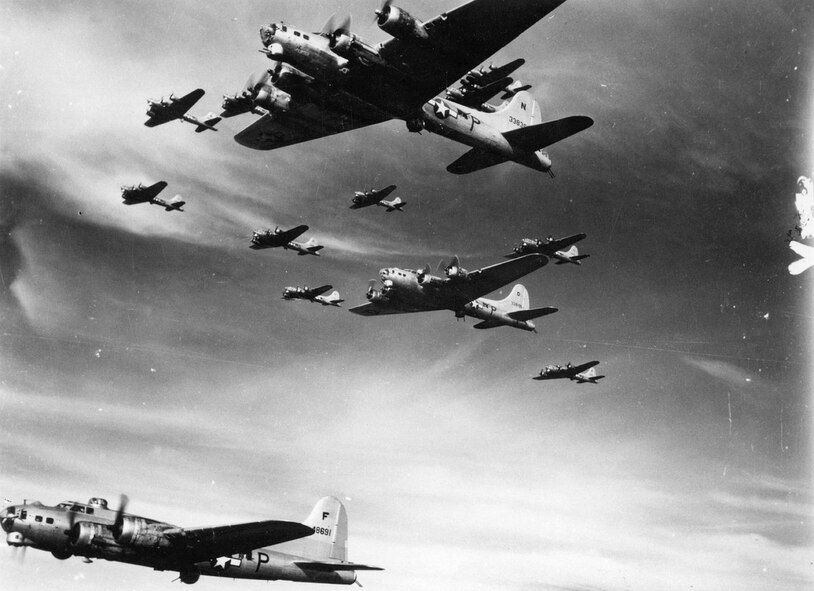 Formation of 493rd Bombardment Group, B-17 Flying Fortresses at 27,900-feet, over Schleissmen, Germany, April 9, 1945. (Courtesy photo/Released)