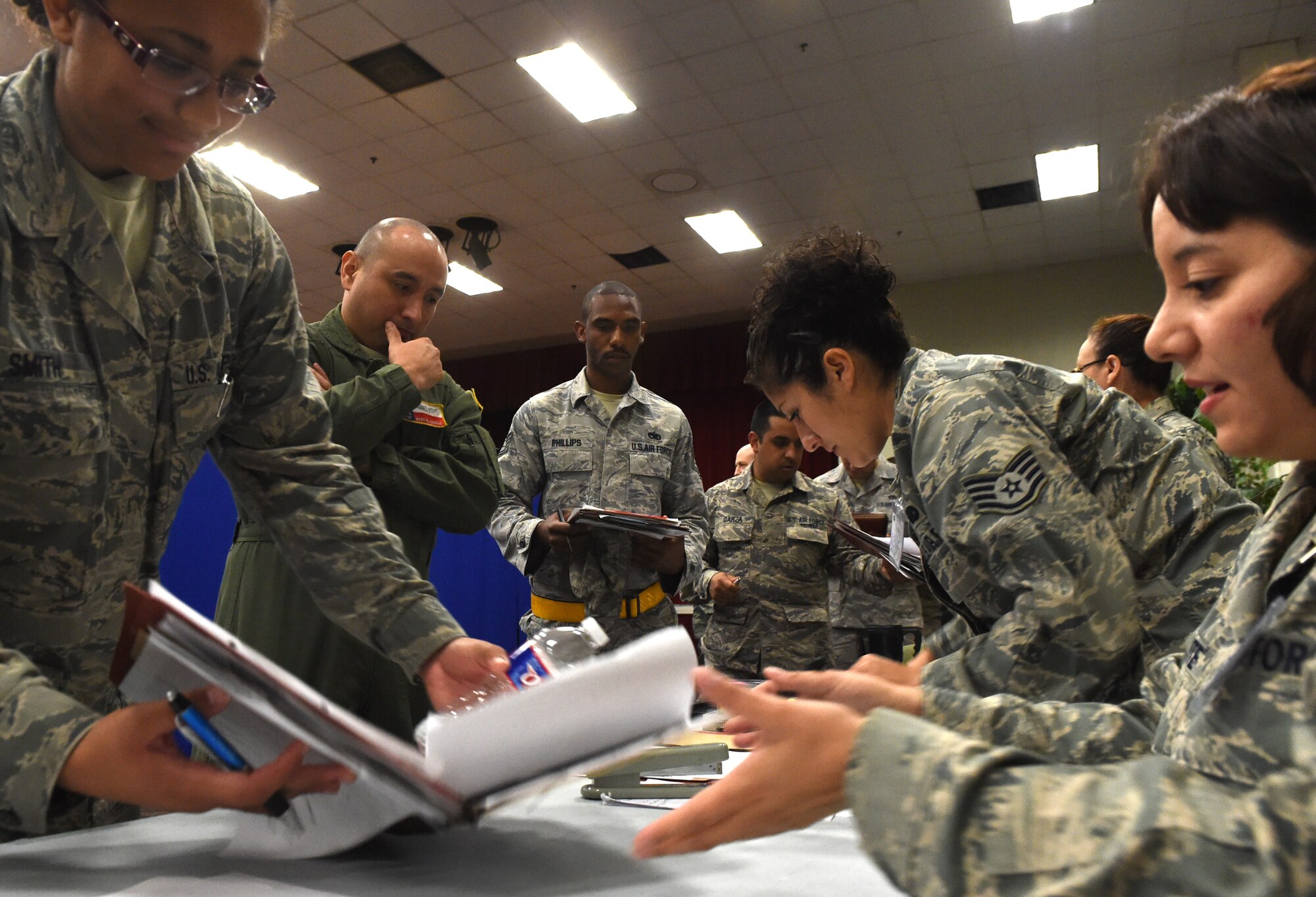 433rd Force Support Squadron personnel support exercise “Alamo Stampede” by processing members through the deployment line May 14, 2015 prior to departing JBSA-Lackland, Texas to Hilo Hawaii.  Although training was geared towards operations personnel, there were a number support units benefiting from the exercise as well, such as Mission Support Group’s Aerial Support Squadrons, Force Support Squadron, and the 433rd Aircraft Maintenance Squadron. (U.S. Air Force Photo/Senior Airman Keith James/Released)