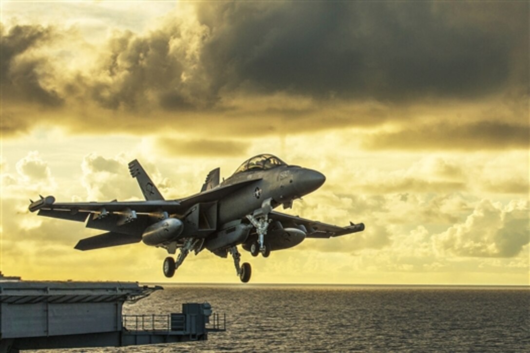 An EA-18G Growler launches from the aircraft carrier USS Carl Vinson in the Celebus Sea, May 13, 2015. The Vinson and its embarked air wing, Carrier Air Wing 17, are deployed to the U.S. 7th Fleet area of operations supporting security and stability in the Indo-Asia-Pacific region. The Growler is assigned to Electronic Attack Squadron 139. 