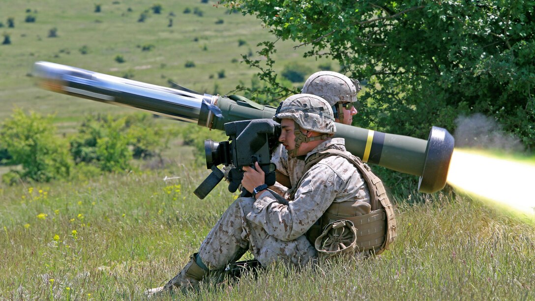 U.S. Marines with Black Sea Rotational Force fire a FGM-148 Javelin at Babadag Training Area, Romania, May 19. U.S. Marines, Romanian and Bulgarian service members trained in the use of anti-armor weapon systems on the opening day of Platinum Eagle 15.