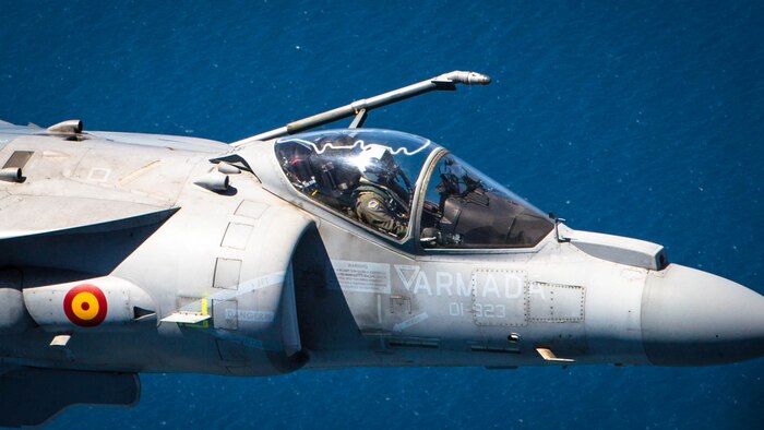 A Spanish Navy Harrier flies over the water after departing Naval Station Rota, Spain, for an aerial-refueling exercise with U.S. Marines from Special-Purpose Marine Air-Ground Task Force Crisis Response-Africa May 15, 2015. The Harrier flew behind a U.S. Marine KC-130J, which extended two refueling lines to allow the pilots to test their ability to complete inflight-refueling procedures. 