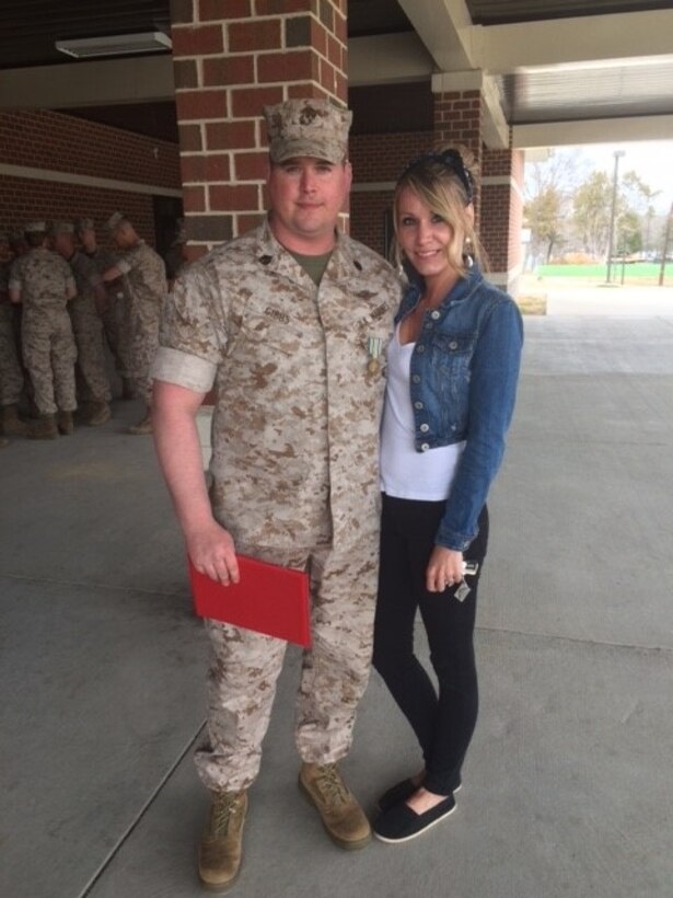 Staff Sergeant Samuel F. Gibbs was presented a Meritorious Outstanding Volunteer Service Medal by Captain Brian T. Geisen, Company Commander, Company A, Marine Corps Detachment Fort Lee, VA