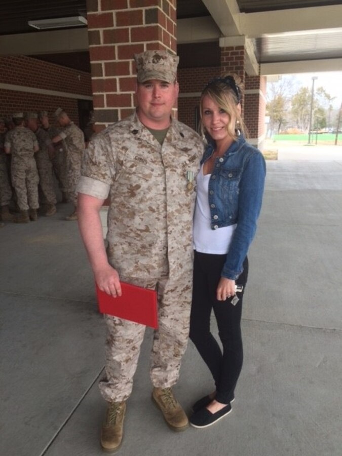 Staff Sergeant Samuel F. Gibbs was presented a Meritorious Outstanding Volunteer Service Medal by Captain Brian T. Geisen, Company Commander, Company A, Marine Corps Detachment Fort Lee, VA