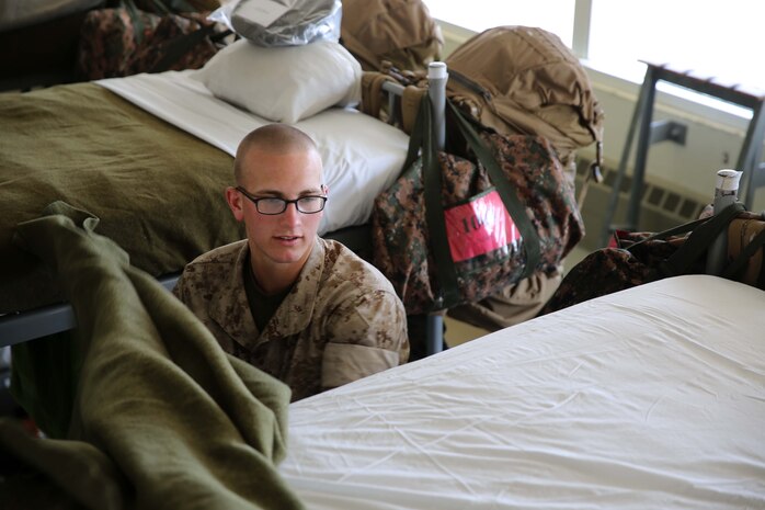 Recruit Luke Z. Lierly, Platoon 1043, Charlie Company, 1st Recruit Training Battalion, makes his rack at Marine Corps Recruit Depot San Diego, May, 13. Lierly is a Sacramento, Calif., native and was recruited out of Recruiting Station Sacramento. Today, all males recruited west of the Mississippi are trained at MCRD San Diego. The depot is responsible for training more than 16,000 recruits annually. Company C is scheduled to graduate from recruit training on June 5.