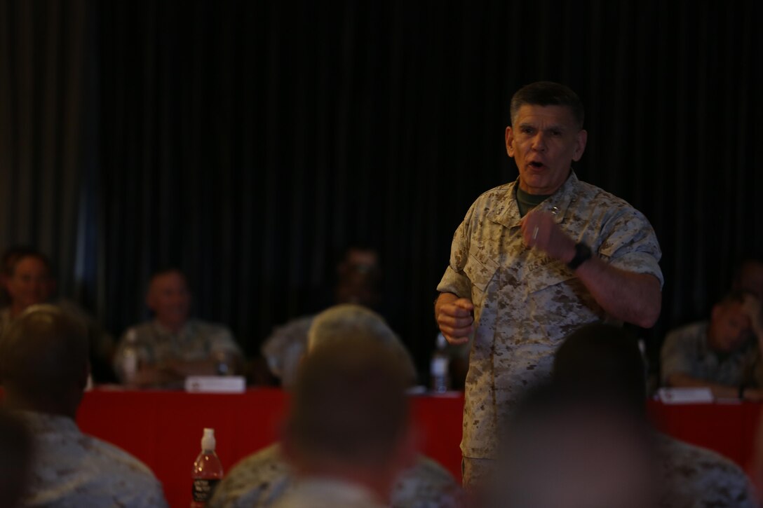 Maj. Gen. Juan G. Ayala, Marine Corps Installations Command commanding general, speaks to commanders during the Marine Installations Board aboard Marine Corps Air Station Miramar, California, May 19. The MIB is held every six months to ensure it is a continuing initiative for commanders to improve their installations and welfare of their Marines.