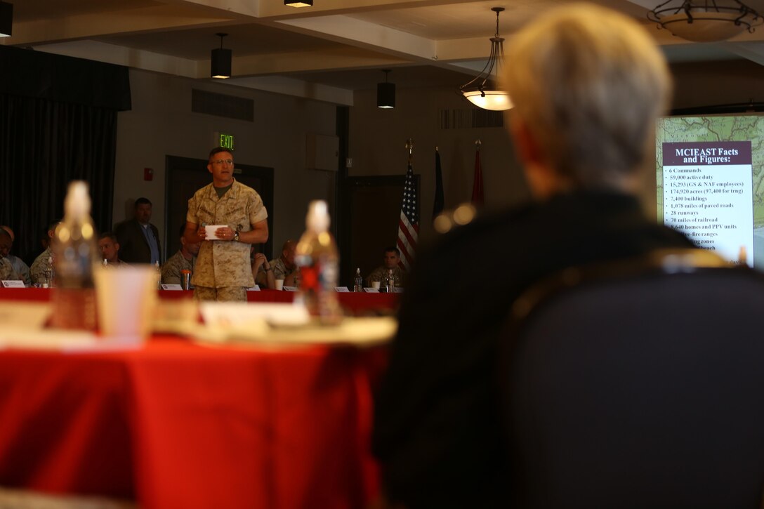 Col. Yori Escalante, Marine Corps Installations East deputy commander, makes a presentation during the Marine Installations Board aboard Marine Corps Air Station Miramar, California, May 19. The presentations ranged from managing occupancy to reduction of civilian manpower and how to handle these changes.