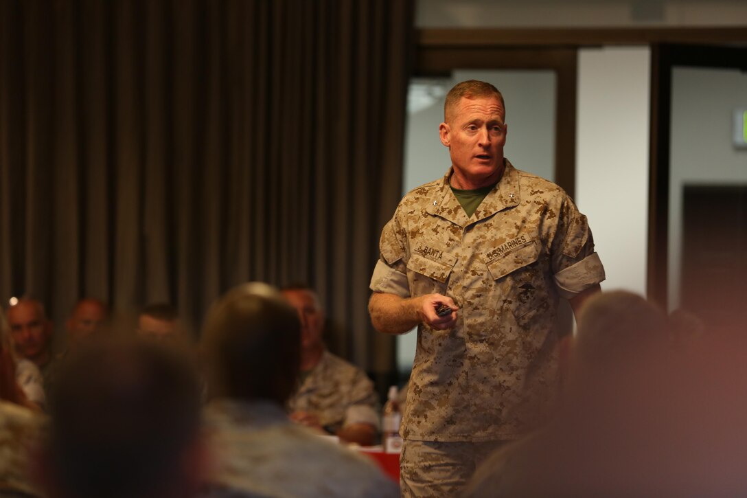 Brig. Gen. Edward Banta, Marine Corps Installations West commanding general, makes a presentation during the Marine Installations Board aboard Marine Corps Air Station Miramar, California, May 19. The board serves as an opportunity for commanders to advise each other on Marine Corps-wide concerns.