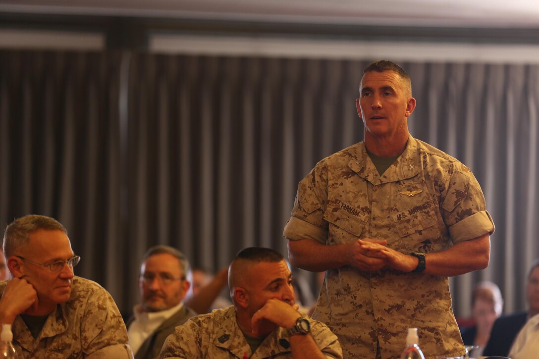 Col. John Farnam, Marine Corps Air Station Miramar commanding officer, speaks to commanders during the Marine Installations Board aboard MCAS Miramar, California, May 19. The MIB is held every six months to ensure it is a continuing initiative for commanders to improve their installations and welfare of their Marines.