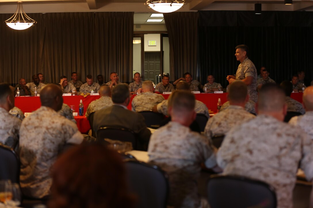 Maj. Gen. Juan G. Ayala, Marine Corps Installations Command commanding general, speaks to commanders during the Marine Installations Board aboard Marine Corps Air Station Miramar, California, May 19. The board serves as an opportunity for commanders to advise each other on Marine Corps-wide concerns.