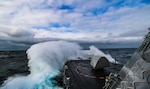 Off the coast of Oregon: USS Freedom (LCS 1) recently completed Seakeeping and Structural Loads Trials, commonly referred to as Rough Water Trials (RWT). Freedom, shown here during the RWT in late March, collected data while operating in Sea States 5 and 6 (approx. 8-20 foot waves). The machinery plant and auxiliaries all performed well in the context of sustained operations at sea.