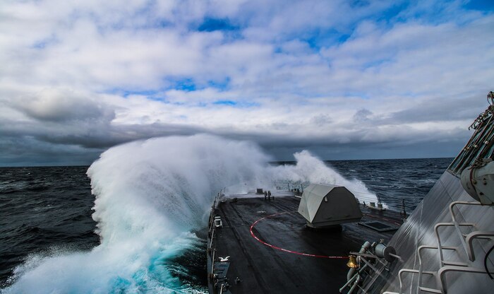 Off the coast of Oregon: USS Freedom (LCS 1) recently completed Seakeeping and Structural Loads Trials, commonly referred to as Rough Water Trials (RWT). Freedom, shown here during the RWT in late March, collected data while operating in Sea States 5 and 6 (approx. 8-20 foot waves). The machinery plant and auxiliaries all performed well in the context of sustained operations at sea.