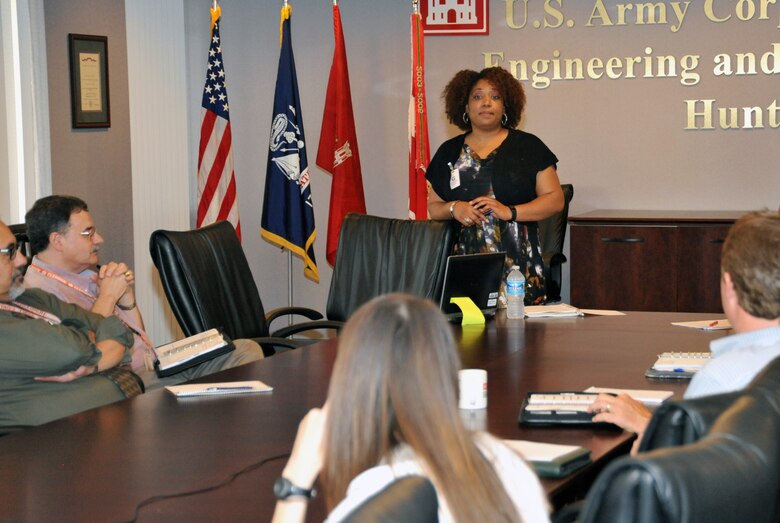 Kristi Crear, U.S. Army Corps of Engineers program manager for Civilian Career Program (CP) 18, takes questions from Huntsville Center supervisors regarding the Presidential Management Fellows program May 20 at the Center.