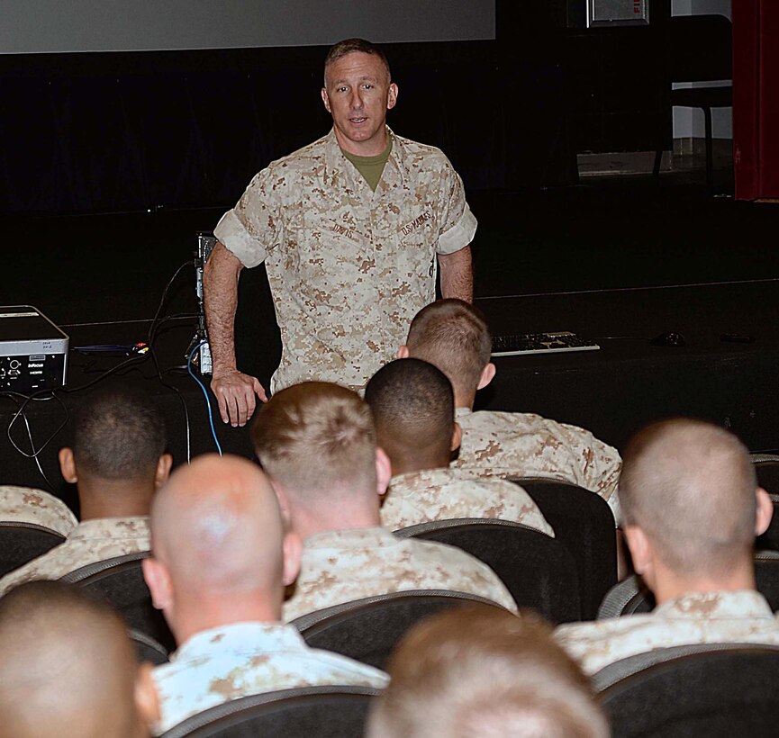Col. Don Davis, commanding officer, Marine Corps Logistics Base Albany, thanks his Marines for their service during the base's Spring Operational Pause, May 21, at the Base Theater.