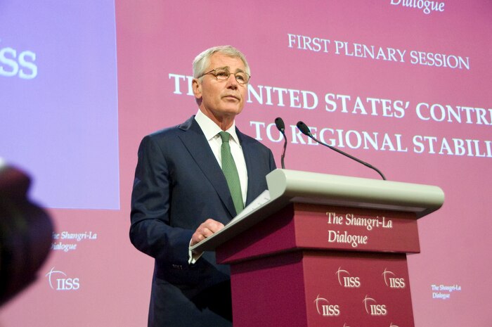 File photo from 2014 Shangri-La Dialogue. Former U.S. Secretary of Defense, Chuck Hagel addressed the Plenary Session in Singapore May, 2014. The Shangri-La Dialogue is an annual gathering that gives Asian defense ministers and officials an opportunity to exchange views on security matters. 