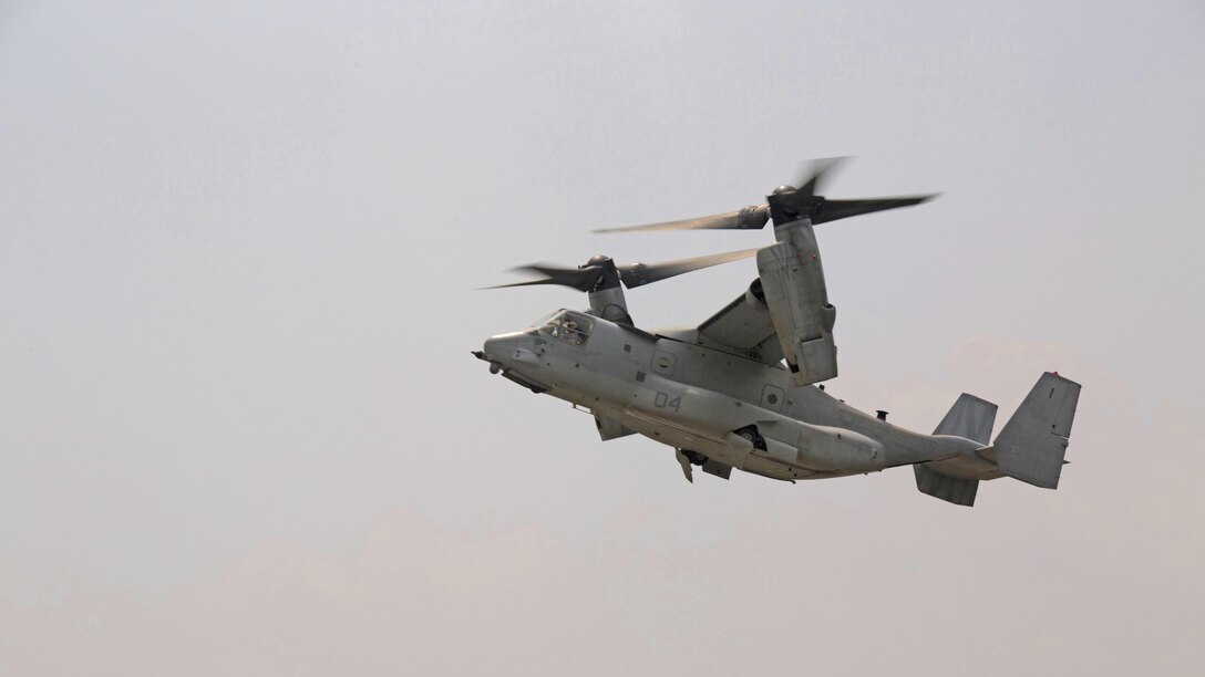 An MV-22B Osprey takes off from the Tribhuvan International Airport in Kathmandu, Nepal, as Operation Sahayogi Haat draws to a close May 21. The Osprey is bringing U.S. Marines back to Okinawa, Japan. The U.S. military came together as Joint Task Force 505 in response to a 7.8 magnitude earthquake April 25. 