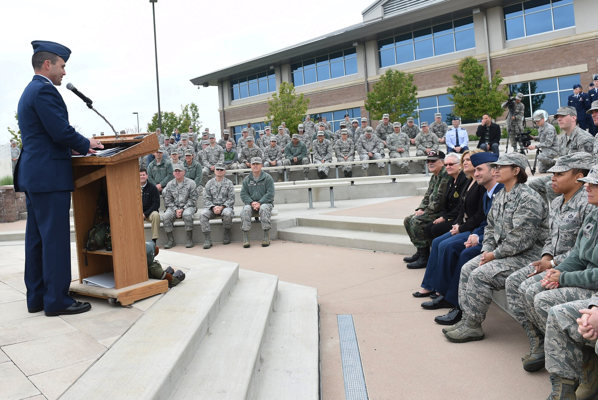 Col. John Wagner, 460th Space Wing commander, speaks during a Memorial Day ceremony May 21, 2015, at the headquarters building on Buckley Air Force Base, Colo. The ceremony included a formation, a guest speaker and a retreat ceremony. (U.S. Air Force photo by Airman 1st Class Samantha Meadors/Released)