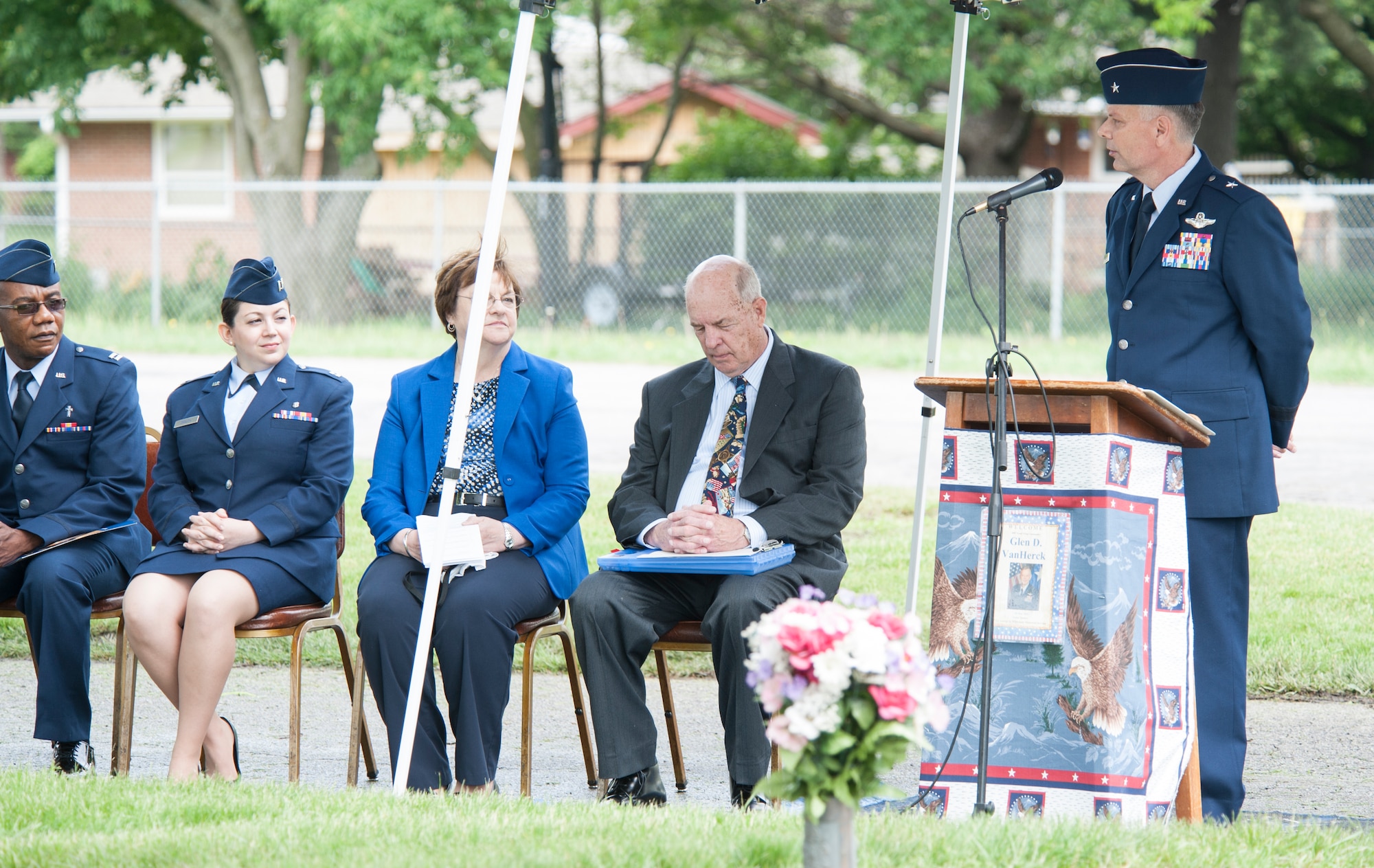 U.S. Air Force Brig. Gen. Glen VanHerck, right, 509th Bomb Wing commander from Whiteman Air Force Base, speaks at the annual wreath-laying ceremony for 2nd Lt. George Whiteman May 16, 2015, in Sedalia, Mo. Whiteman was one of the first Airmen killed in World War II when his plane was shot down during the Japanese attack on Pearl Harbor. (U.S. Air Force photo by Staff Sgt. Brigitte N. Brantley/Released)