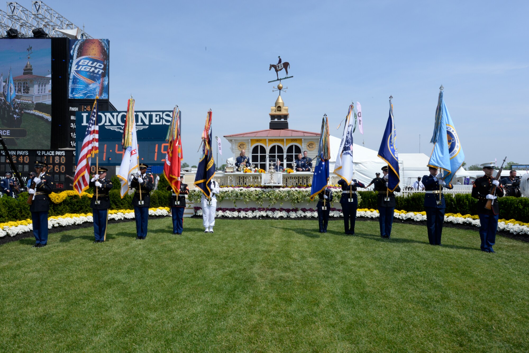 Full Spectrum, the newest ensemble of the Heritage of America Band, do a sound check of “America the Beautiful” at the Preakness Stakes May 16, 2015 in Baltimore, Maryland. The event, which was nationally televised, broke records in attendance by hosting more than 170,000 people. (U.S. Air Force photo by Tech. Sgt. Steve Stanley/Released)