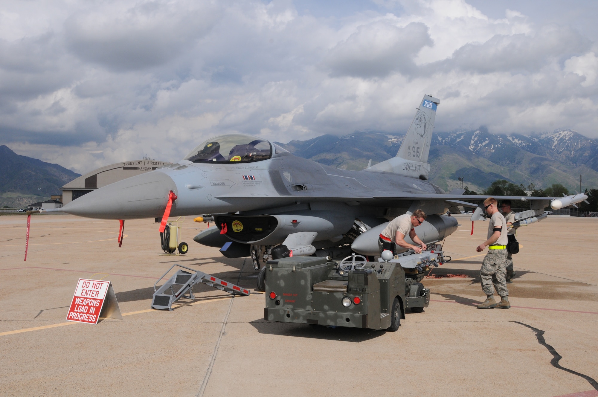 Weapon Loaders, 148th Fighter Wing, Duluth, Minn. load weapons on Block 50, F-16's for Combat Hammer, May 5, 2015 while at Hill AFB, Utah.  Combat Hammer is a Weapons System Evaluation Program (WSEP) that evaluates the entire weapon process, from build-up to employment.  (U.S. Air National Guard photo by Master Sgt. Ralph Kapustka)