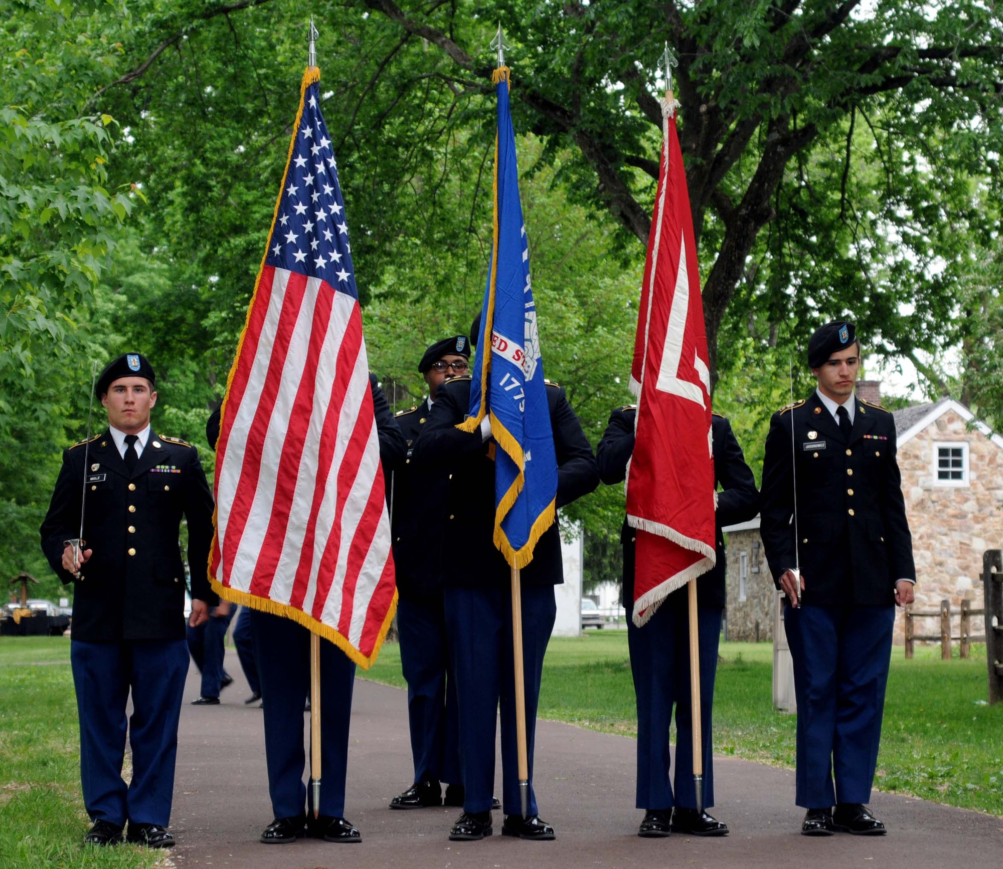 Members of the U.S. Army Reserve Officer Training Corps from Temple University, Philadelphia, present the colors during the distinguished service award dinner for retired Maj. Gen. Wesley Craig May 16, 2015, Washington Crossing Historic Park, Washington Crossing, Pennsylvania. Craig, formerly The Adjutant General of the Pennsylvania National Guard, was presented with the 2015 Mary G. Roebling Award. (U.S. Air National Guard photo by Tech. Sgt. Andria Allmond/Released)