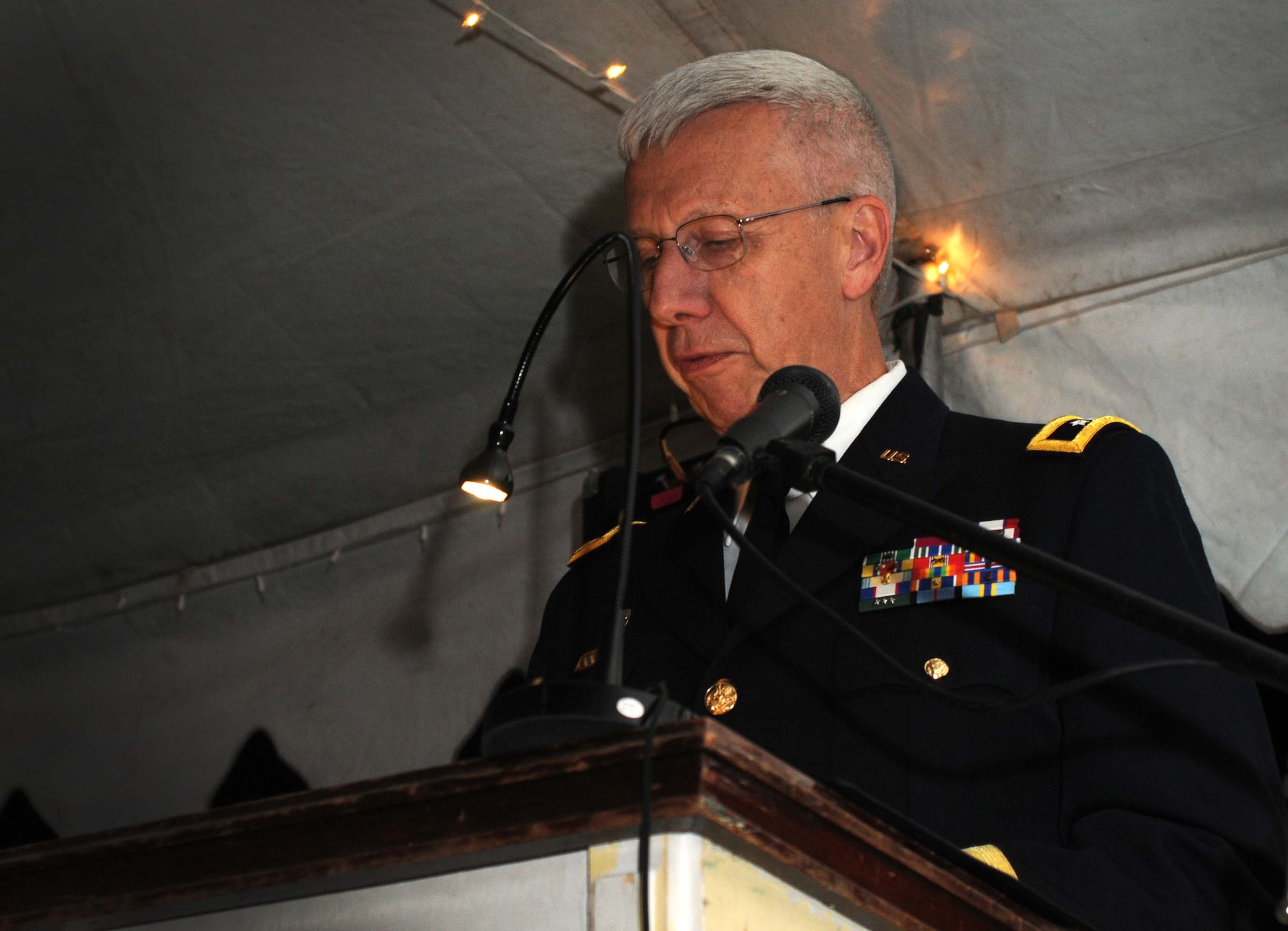 Retired Maj. Gen. Wesley Craig, formerly The Adjutant General of the Pennsylvania National Guard, gives a speech after receiving the Mary G. Roebling Distinguished Service Award during the closing ceremonies of the Association of the United States Army regional meeting sponsored by the William Penn Chapter of the AUSA, Washington Crossing Historic Park, Washington Crossing, Pennsylvania on May 16, 2015. Craig has worn the Army uniform for nearly 50 years prior to retiring this year. (U.S. Air National Guard photo by Tech. Sgt. Andria Allmond/Released)