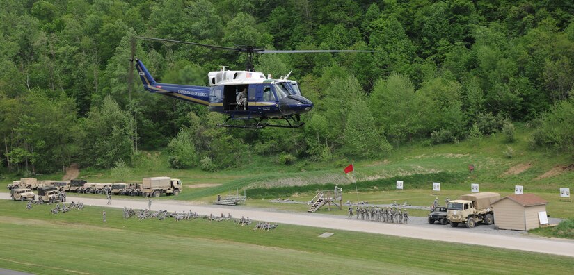 A UH-1N Twin Huey takes off during a Hurricane Exercise at Camp Dawson, W.Va., May 15, 2015. The exercise was part of natural disaster preparedness training. (U.S. Air Force photo/ Airman 1st Class J.D. Maidens)