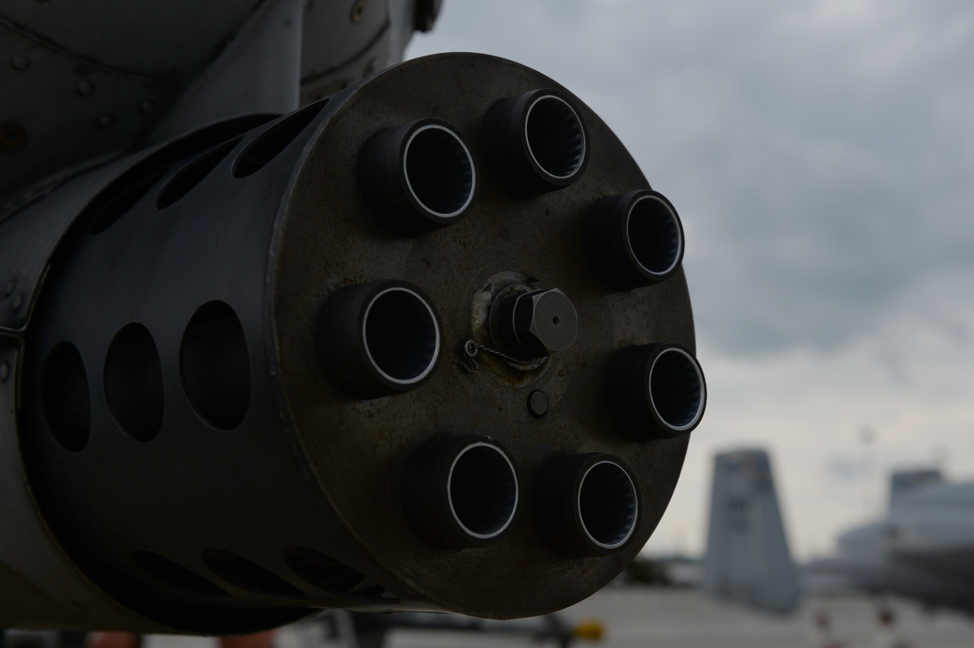 A 30mm GAU-8 Avenger rotary cannon of a U.S. Air Force A-10 Thunderbolt II attack aircraft assigned to the 354th Expeditionary Fighter Squadron is displayed during a theater security package deployment at Sliac Air Base, Slovakia,  May 20, 2015. The aircraft deployed to Slovakia in support of Operation Atlantic Resolve to bolster air power capabilities while underscoring the U.S. commitment to European security and stability. (U.S. Air Force photo by Senior Airman Dylan Nuckolls/Released)
