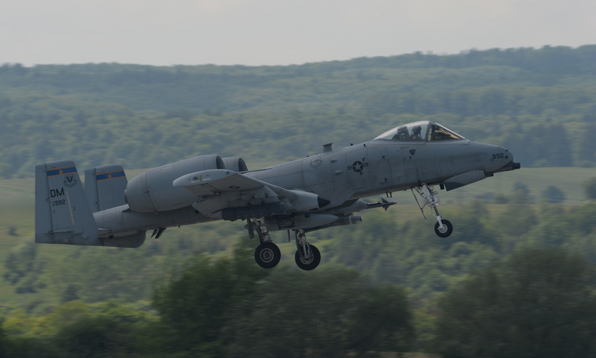 A U.S. Air Force A-10 Thunderbolt II aircraft assigned to the 354th Expeditionary Fighter Squadron takes off from a runway during a theater security package deployment at Sliac Air Base, Slovakia, May 19, 2015.The aircraft deployed to Slovakia in support of Operation Atlantic Resolve to bolster air power capabilities while underscoring the U.S. commitment to European security and stability. (U.S. Air Force photo by Senior Airman Dylan Nuckolls/Released)