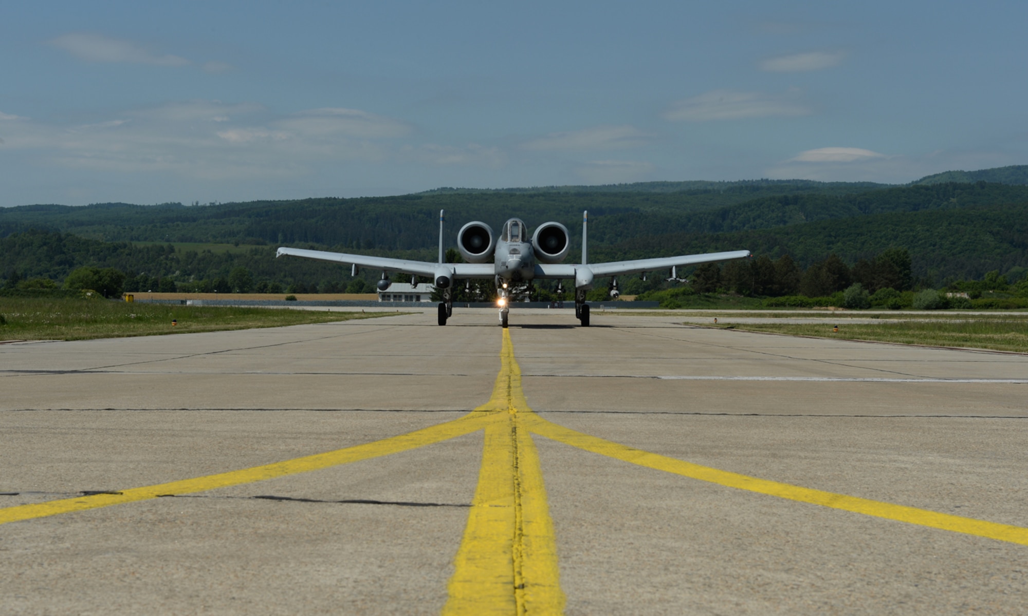 A U.S. Air Force A-10 Thunderbolt II aircraft pilot assigned to the 354th Expeditionary Fighter Squadron taxis during a theater security package deployment at Sliac Air Base, Slovakia, May 19, 2015. The U.S. and Slovak air forces will conduct training aimed to strengthen interoperability and demonstrate the countries' shared commitment to the security and stability of Europe. (U.S. Air Force photo by Senior Airman Dylan Nuckolls/Released)