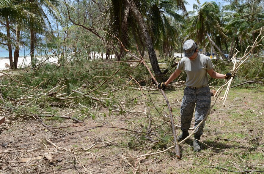 Airmen from squadrons across the base move a pile of debris during base clean-up May 21, 2015, at Tarague Beach, on Andersen Air Force Base, Guam.  Airmen, Soldiers, Sailors and civilians participated in the clean-up to recover from Typhoon Dolphin, which hit the island May 16. (U.S. Air Force photo by Airman 1st Class Alexa Ann Henderson/Released)