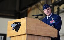 Col. Jeremy “Wolf” Sloane, 8th Fighter Wing commander, gives a speech after assuming command during the 8th FW change of command ceremony at Kunsan Air Base, Republic of Korea, May 21, 2015. Sloane has served in the Air Force for 23 years and has more than 2,500 flying hours in the F-16 Fighting Falcon, T-37 Tweet and T-38 Talon, including 235 combat hours in Operations Northern Watch, Southern Watch, Joint Guard and Allied Force. (U.S. Air Force photo by Staff Sgt. Nick Wilson/Released)