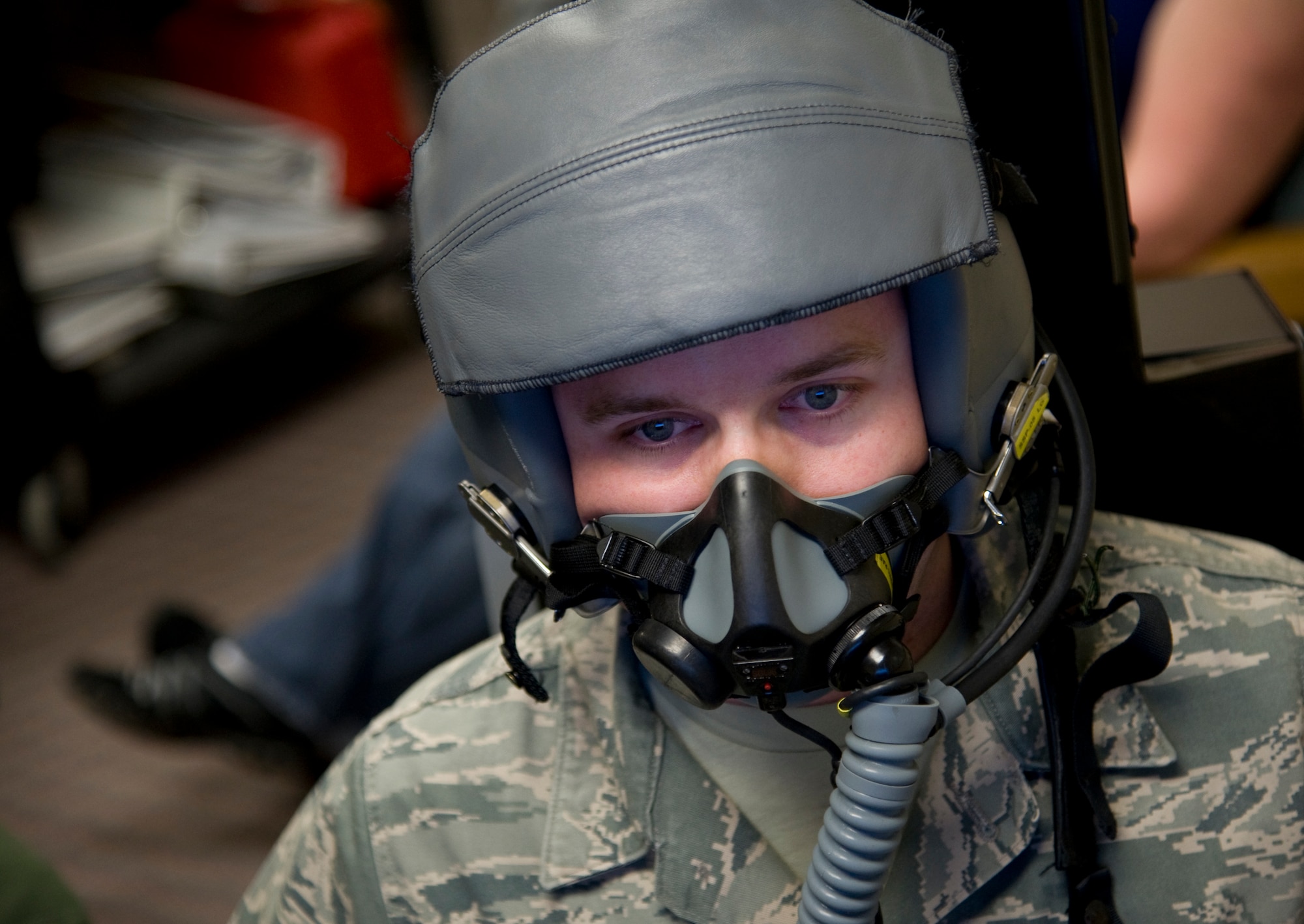 U.S. Air Force Staff Sgt. Colby Fuller, 35th Operations Support Squadron aircrew flight equipment journeyman, participates in hypoxia familiarization training at Misawa Air Base, Japan, May 20, 2015. Aircrew flight equipment Airmen execute this training as a hands-on way to ensure pilot equipment is in its top-notch condition. (U.S. Air Force photo by Airman 1st Class Jordyn Fetter/Released)
