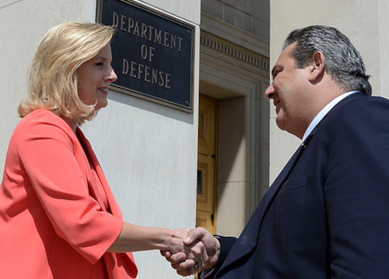 Undersecretary of Defense for Policy Christine E. Wormuth welcomes Greece's Minister of Defense Panos Kammenos to the Pentagon May 20, 2015. During their meeting, Wormuth and Kammenos discussed security and defense issues of mutual concern, including trans-Mediterranean migration, terrorism, the Balkans, Libya, the Middle East, and Russia's aggressive actions in Ukraine. DoD photo