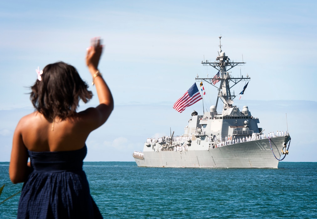 PEARL HARBOR (May 21, 2015) The guided-missile destroyer USS Michael Murphy (DDG 112) returns to Joint Base Pearl Harbor-Hickam from its maiden deployment. The ship and crew of more than 300 Sailors, assigned to Destroyer Squadron (DESRON) 31 conducted goodwill activities with partner nations and various presence operations such as Oceania Maritime Security Initiative in the Pacific Ocean. (U.S. Navy photo by Mass Communication Specialist 2nd Class Diana Quinlan/Released)