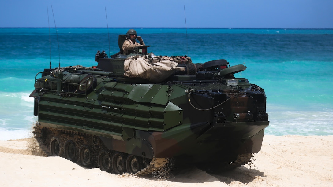 Amphibious Assault Vehicles, launched from the USS Rushmore, demonstrated amphibious landings as part of the U.S. Pacific Fleet’s joint sea-basing exercise, Culebra Koa 15, May 19, 2015, aboard Marine Corps Training Area Bellows. Observed by local-based military and representatives from 22 countries within the Indo-Asia-Pacific region, the landing was made in conjunction with the inaugural U.S. Marine Corps Forces Pacific-hosted U.S. Pacific Command Amphibious Leaders Symposium.